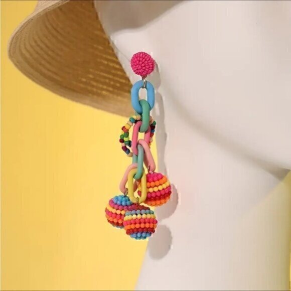 Colorful Pom Pom Tassel Earrings Beach Vacation - Picture 1 of 3